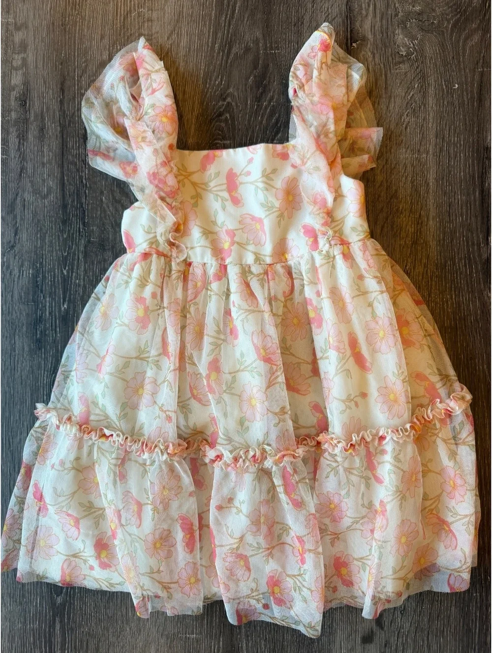 Rachel Zoe Girls 4T Floral Tulle Dress Pink Ivory Ruffle Tiered Party Easter